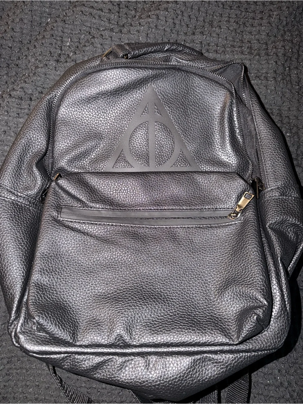 Men's Black Faux Leather Backpack with deathly hallows symbol